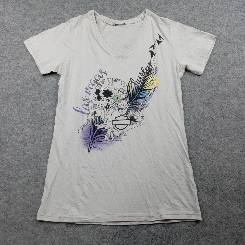 Harley-Davidson Shirt Womens Cream‎ V-Neck Las Vegas Nevada Graphic Skull Tee